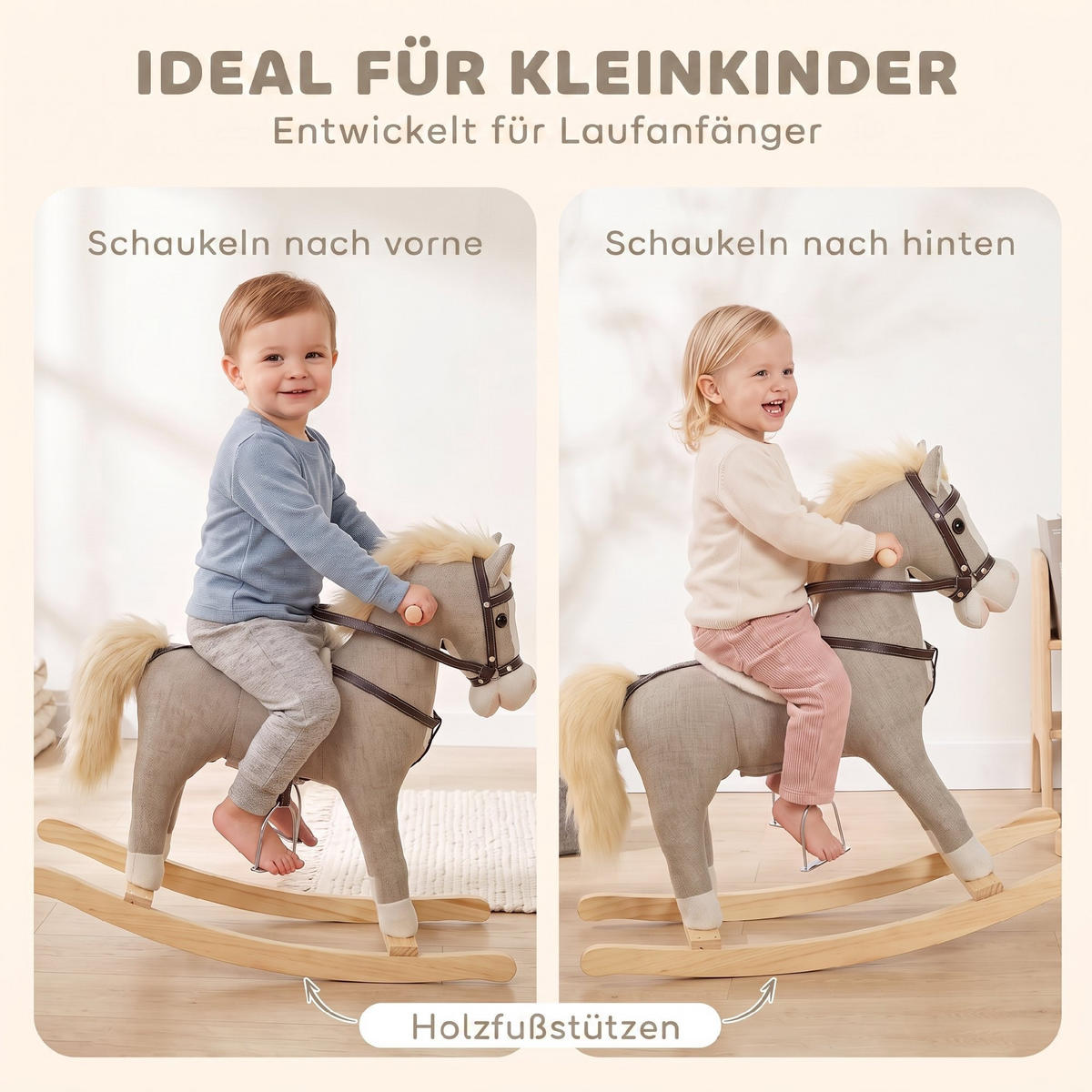 KINDER-SCHAUKELPFERD Polyester Metall Grau - Grau, Holz (30/68/71cm) - AIYAPLAY