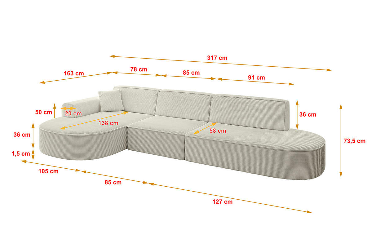 ECKSOFA Ottomane Links MARI-L2 - 317x163x73,5 cm Hellgrau Cord - Hellgrau/Schwarz, Holzwerkstoff/Kunststoff (165/321cm) - ALTDECOR