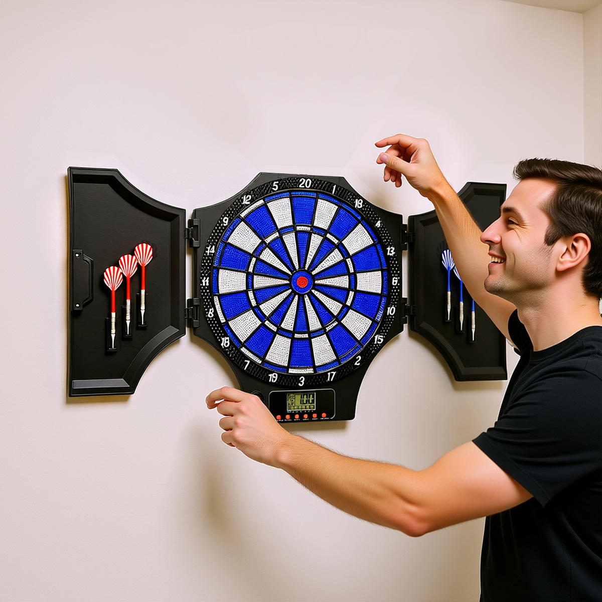 DARTSCHEIBE DE-18828 31 Spiele, 2 Klapptüren Schwarz - Blau, Kunststoff (45/4/83cm) - ComfortXL