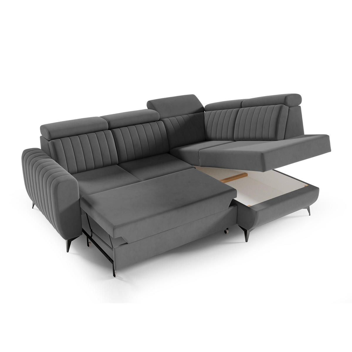 ECKSCHLAFSOFA Connor II verstellbare Kopfstützen, Dunkelgrau, rechts - Dunkelgrau/Schwarz, Textil (268/204cm) - Beautysofa