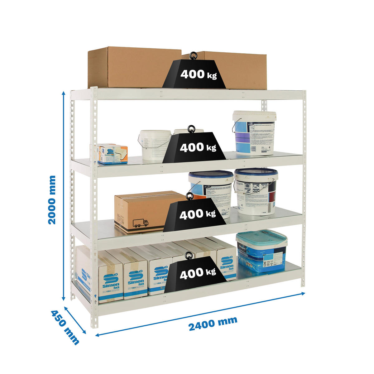 SCHWERLASTREGAL Metal Beast Four HxBxT 200 x 240 x 45 cm Fachlast 400 kg Weiß - Weiß, Metall (240/200/45cm) - PROREGAL
