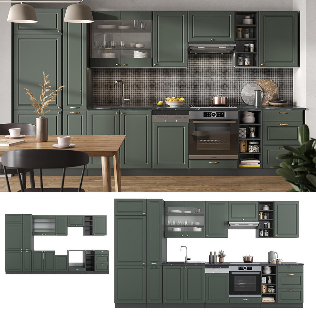 KÜCHENZEILE Fame-Line Grün-Gold Landhaus/Anthrazit 355 cm, AP Marmor - Anthrazit/Grün, Holzwerkstoff (355/81.6/60cm) - Vicco