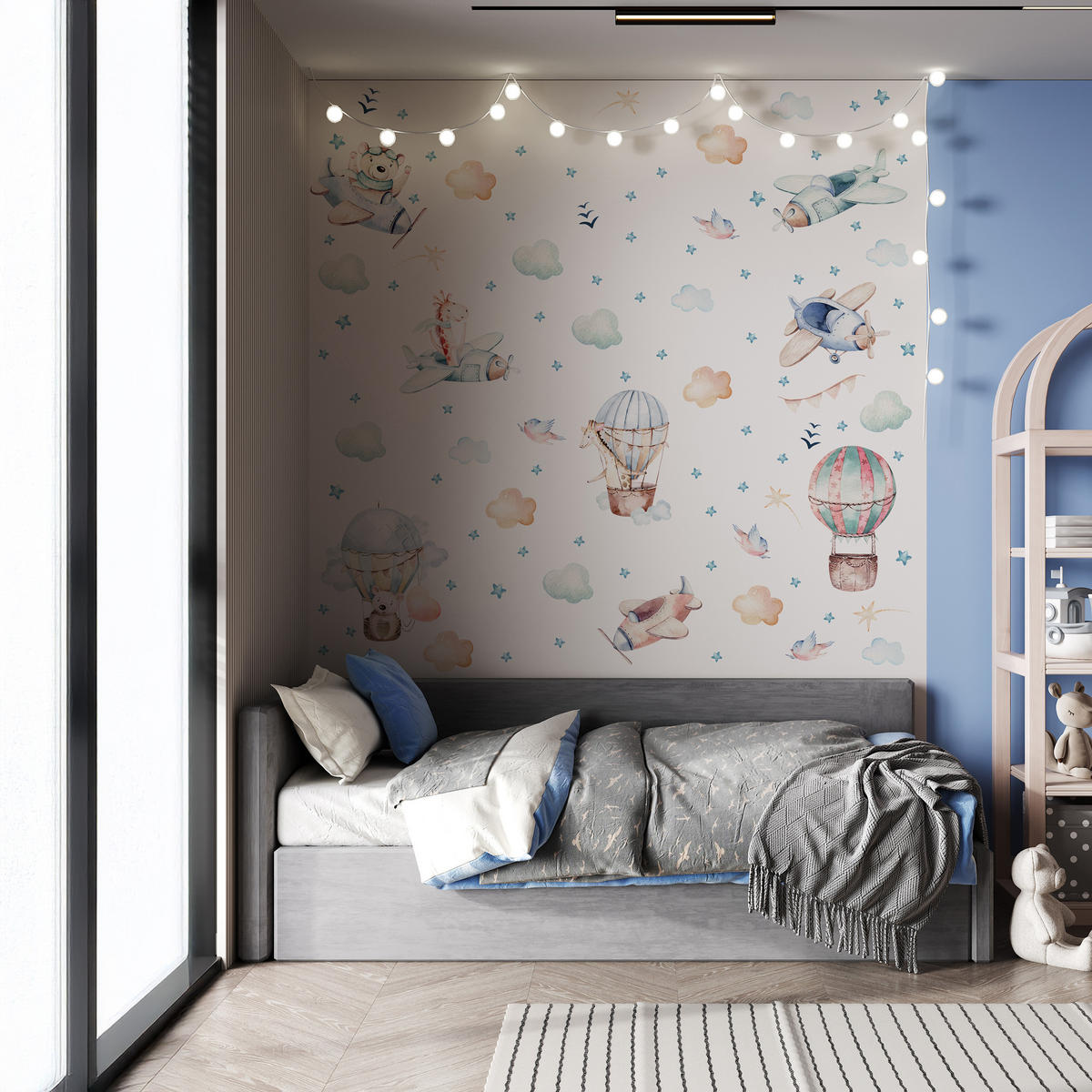 WANDAUFKLEBER SET Wilde Tiere Wolken Flugzeuge Luftballons 60x30 - Beige/Rosa, Papier (60/30/1cm) - Muralo