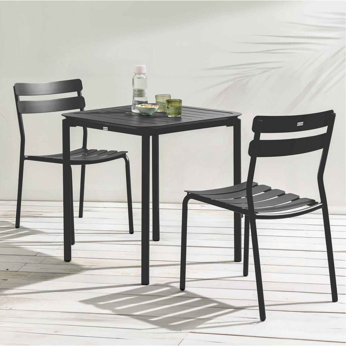 GARTENSET, quadratisch (70 x 70cm) und 2 Stühle, Schwarz - Schwarz, Metall - Oviala