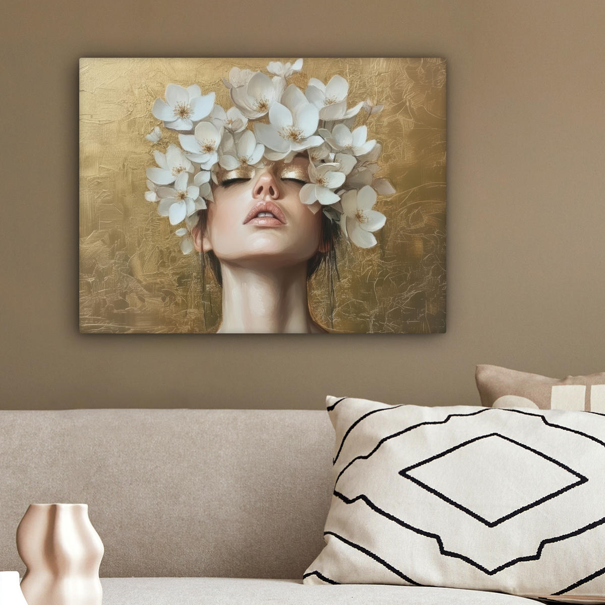 LEINWANDBILD Gesicht - Blumen - Gold - Abstrakt Wandbild 40x30 cm - Goldfarben, Textil (40/30cm) - MuchoWow