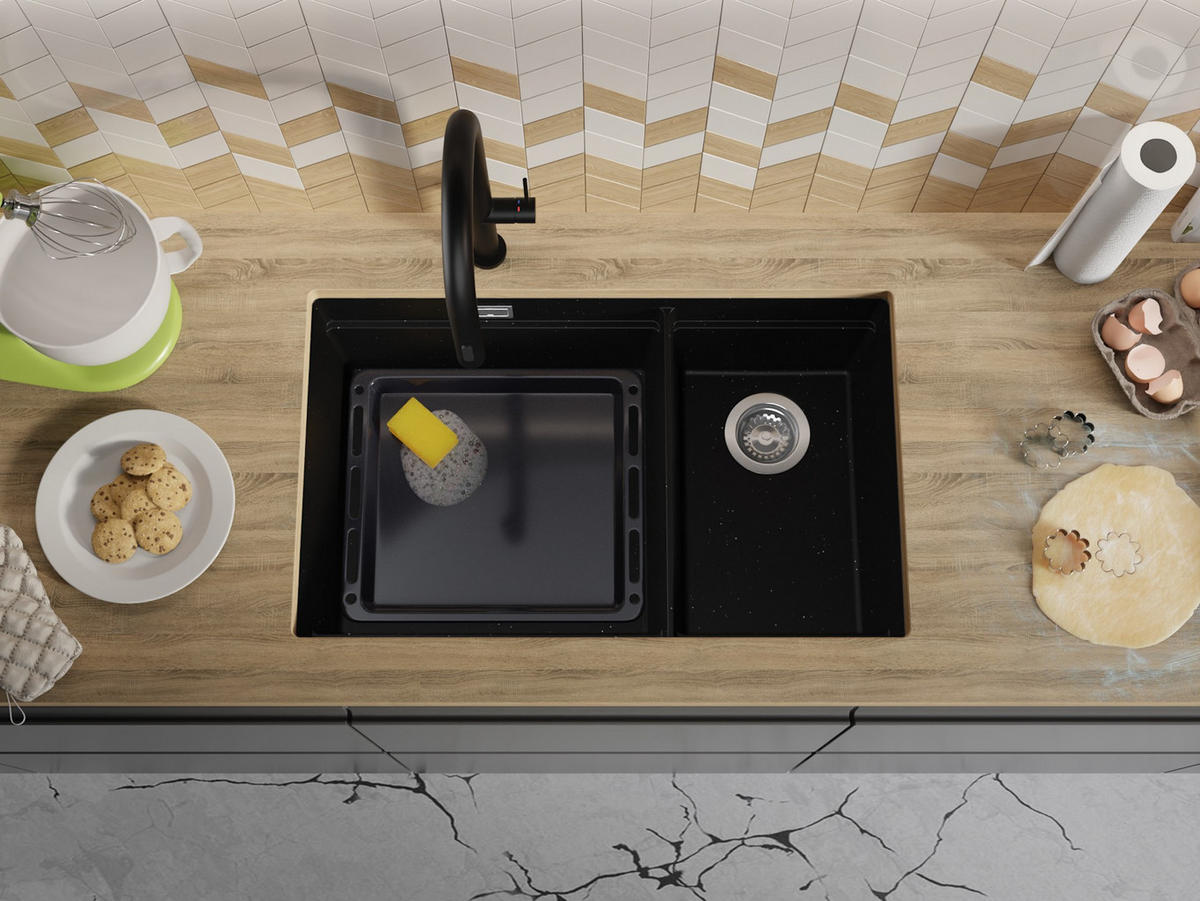 SPÜLBECKEN Praga Slim Duo, 2-er set Schwarz Metallic 76/47 cm 2 Becken + Ablauf-Set + Aufrollbare Abtropffläche ab 80er Unterschrank - Chromfarben/Schwarz Hochglanz, Kunststoff (76/20/47cm) - Primagran