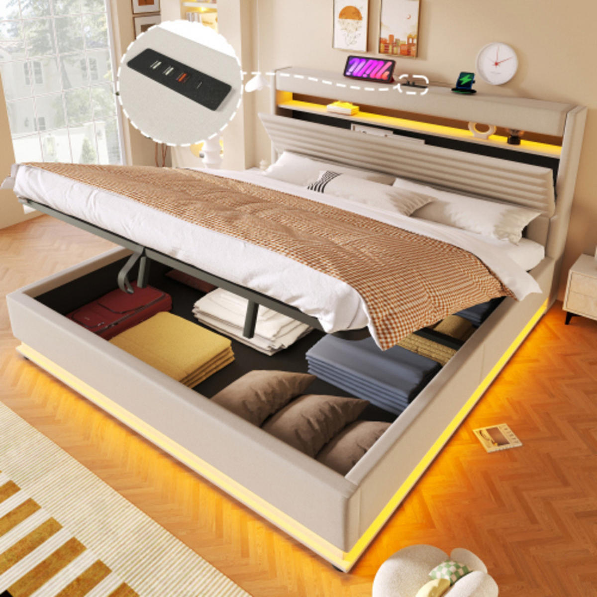 POLSTERBETT beige 218×182×113,5 cm aus Leinen-Stoff mit Hydraulikbettkasten, zweiseitigen LED-Leisten - Beige, Textil (180/200cm) - Luhomfu