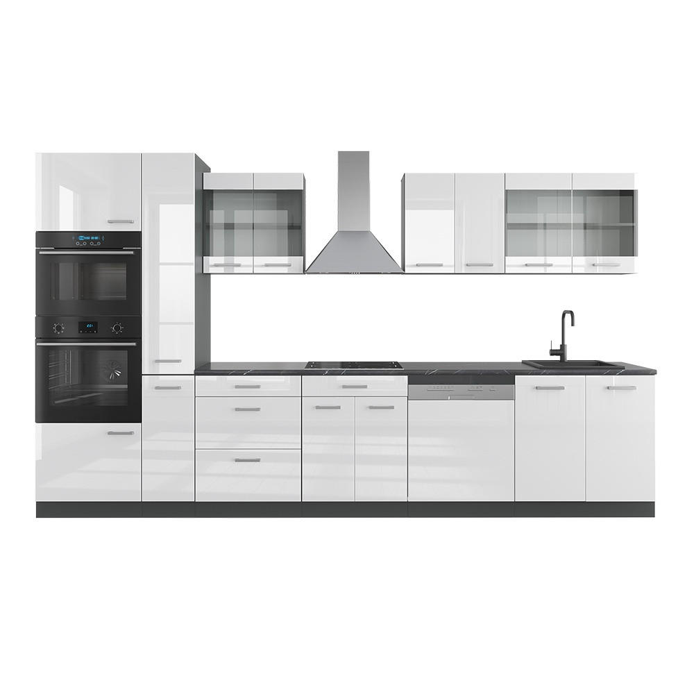 Vicco KUCHYNĚ R-Line Bílý vysoký lesk/antracit 350 cm s vysokou skříní, bez pracovní desky