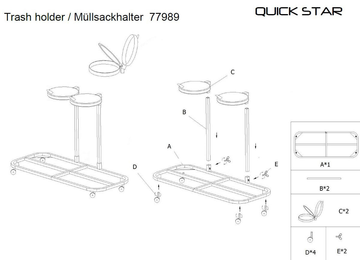 ROLLBARER Doppel-Müllsackständer mit 4 Rollen verzinkt - Silberfarben, Metall (80/96/43cm) - QUICK STAR