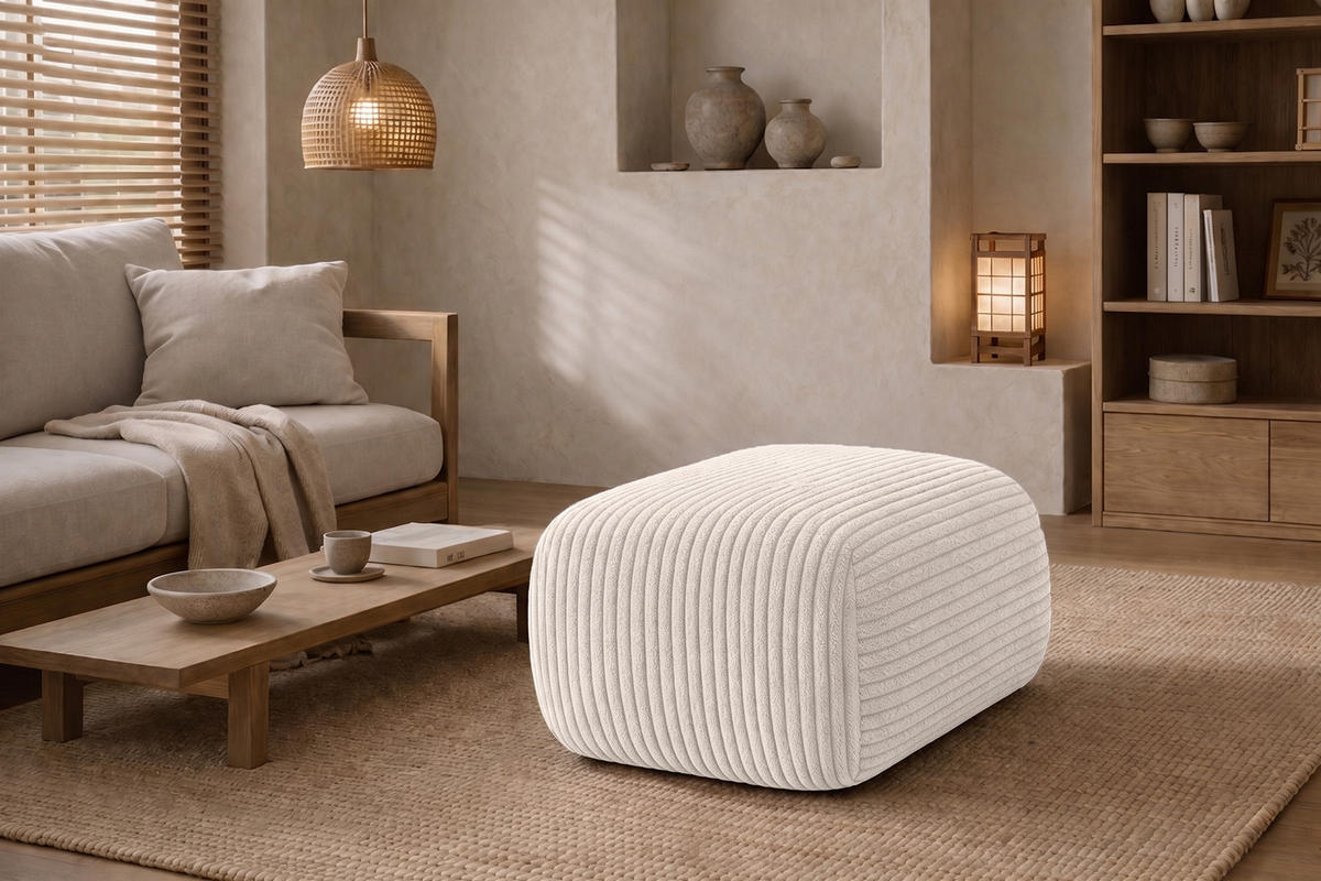HOCKER Sitzpouf Für Wohnzimmer, Cordstoff Poso, Beige, BIS - Creme, Holz (64/40/40cm) - Kaiser Möbel