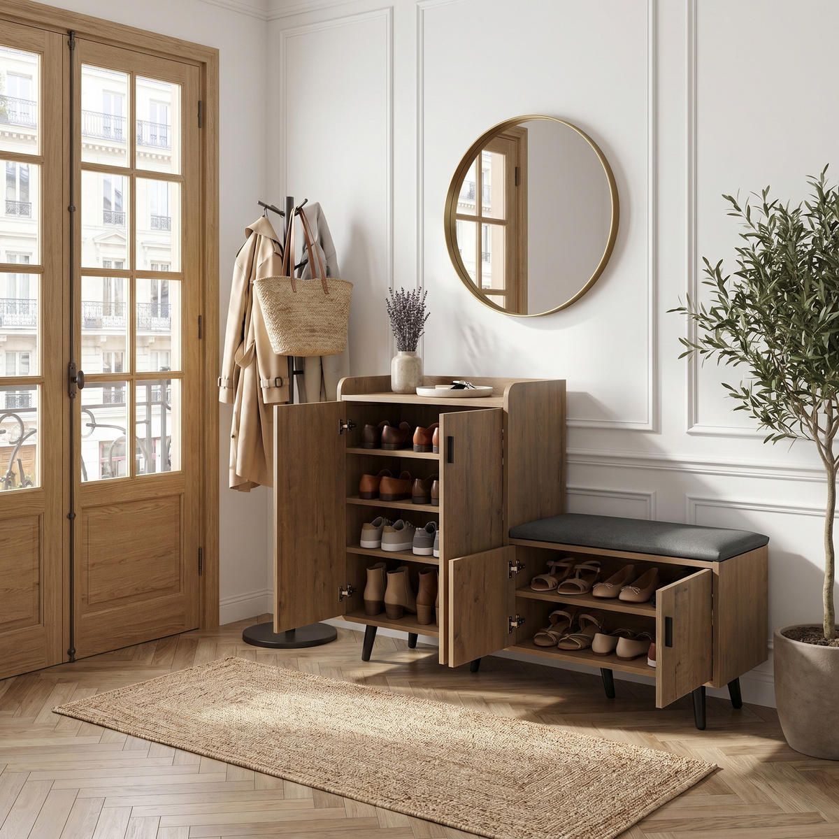 SCHUHBANK natur-optik, 4 türen & gepolsterte sitzfläche - Naturfarben, Holzwerkstoff (120/82.8/34cm) - Urban Meuble