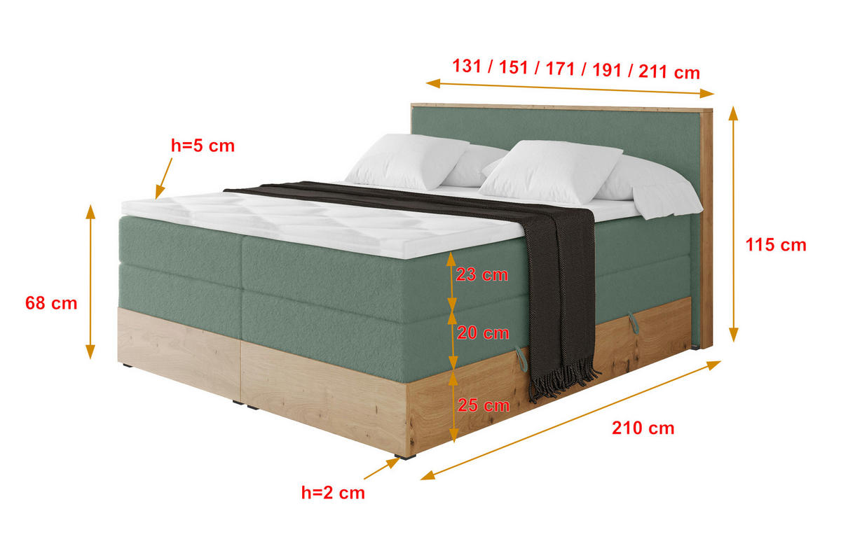BOXSPRINGBETT LOLLI9 -KING 180x200 - H3/H4 Grün - Grün, Holzwerkstoff (180/200cm) - ALTDECOR