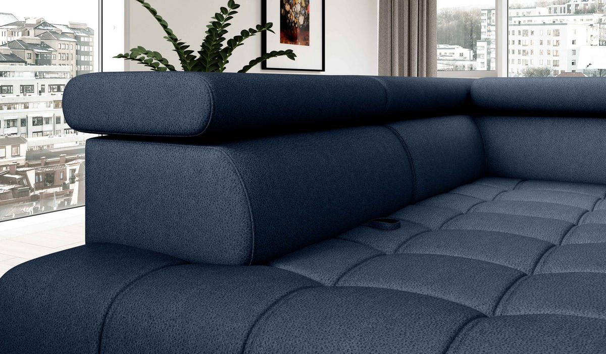 ECKSOFA BAGGIO Letto Stoff, Schlaffunktion, Bettkasten, Sitztiefe, Kopfstützen 280x196cm – Rechts – Marineblau - Dunkelblau, Holz/Textil (280/196cm) - DomoHome