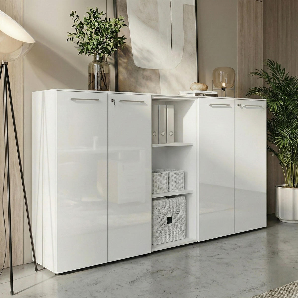 BÜRO-SET MUENCHEN 3-teilig Weiß | 2 Kommode x Regal | Glas Front & Abschließbar - Weiß, Holzwerkstoff/Metall (240/120/37cm) - KADIMA DESIGN