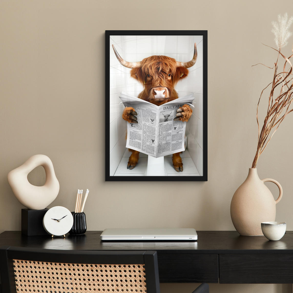 GERAHMTES BILD Schottisches Hochlandrind - Tier - Zeitung - Toilette 40x60 cm - Kastanienfarben, Papier (40/60cm) - MuchoWow