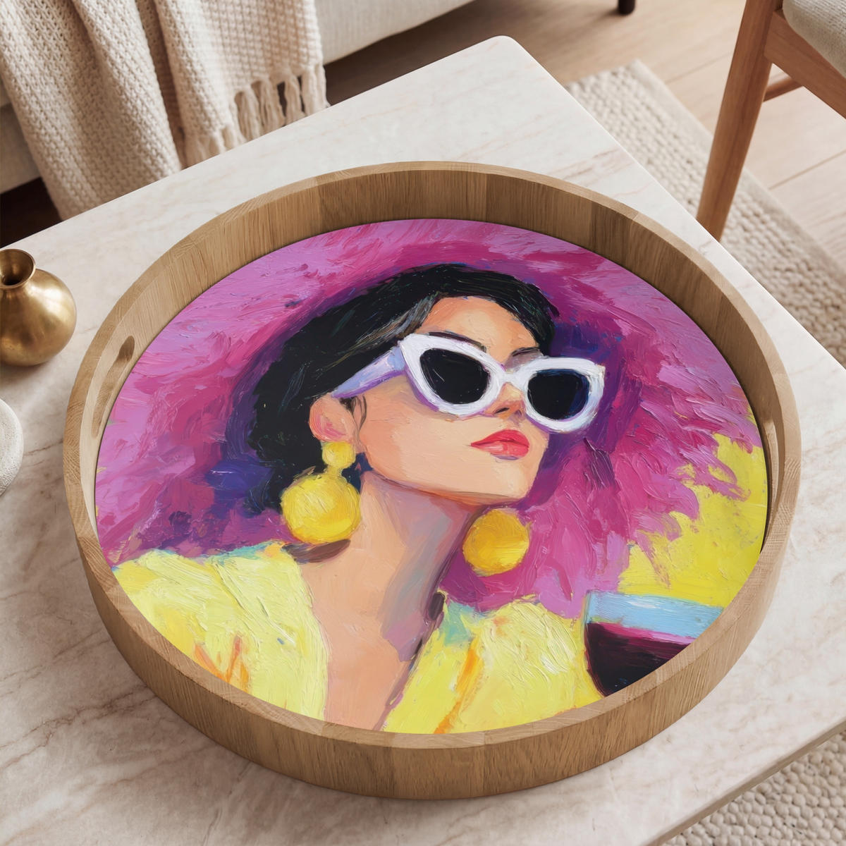 SERVÍROVACÍ PODNOS Žena - Klobouk - Fialová - Víno 50x50 cm - žlutá, dřevo (50/5/5cm) - OnlyWow