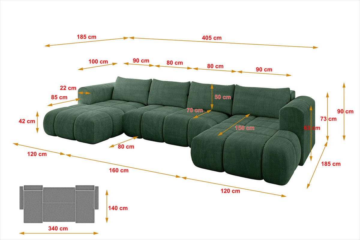 WOHNLANDSCHAFT CLOUD-U 405x185x90 Grün Cord - Grün, Holzwerkstoff/Kunststoff (405/90/185cm) - ALTDECOR