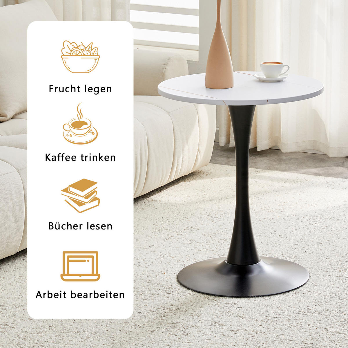 BEISTELLTISCH rund 60/H 72 cm in Weiß/Schwarz mit MDF-Platte - Weiß, Holzwerkstoff (60/60/72cm) - BEAOK
