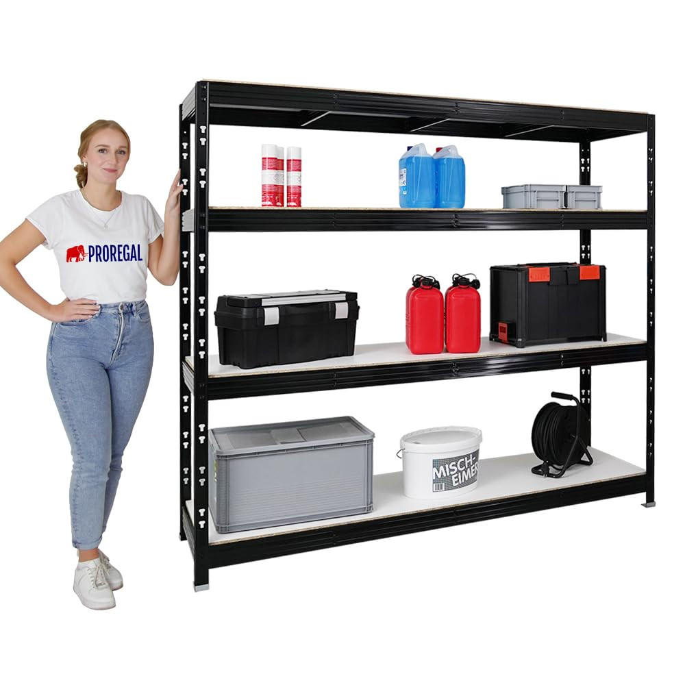 SCHWERLASTREGAL Rhino 180x200x60 cm 4 Melamin-Ebenen 16mm Fachlast 500 kg Schwarz - Schwarz/Weiß, Metall (200/180/60cm) - PROREGAL