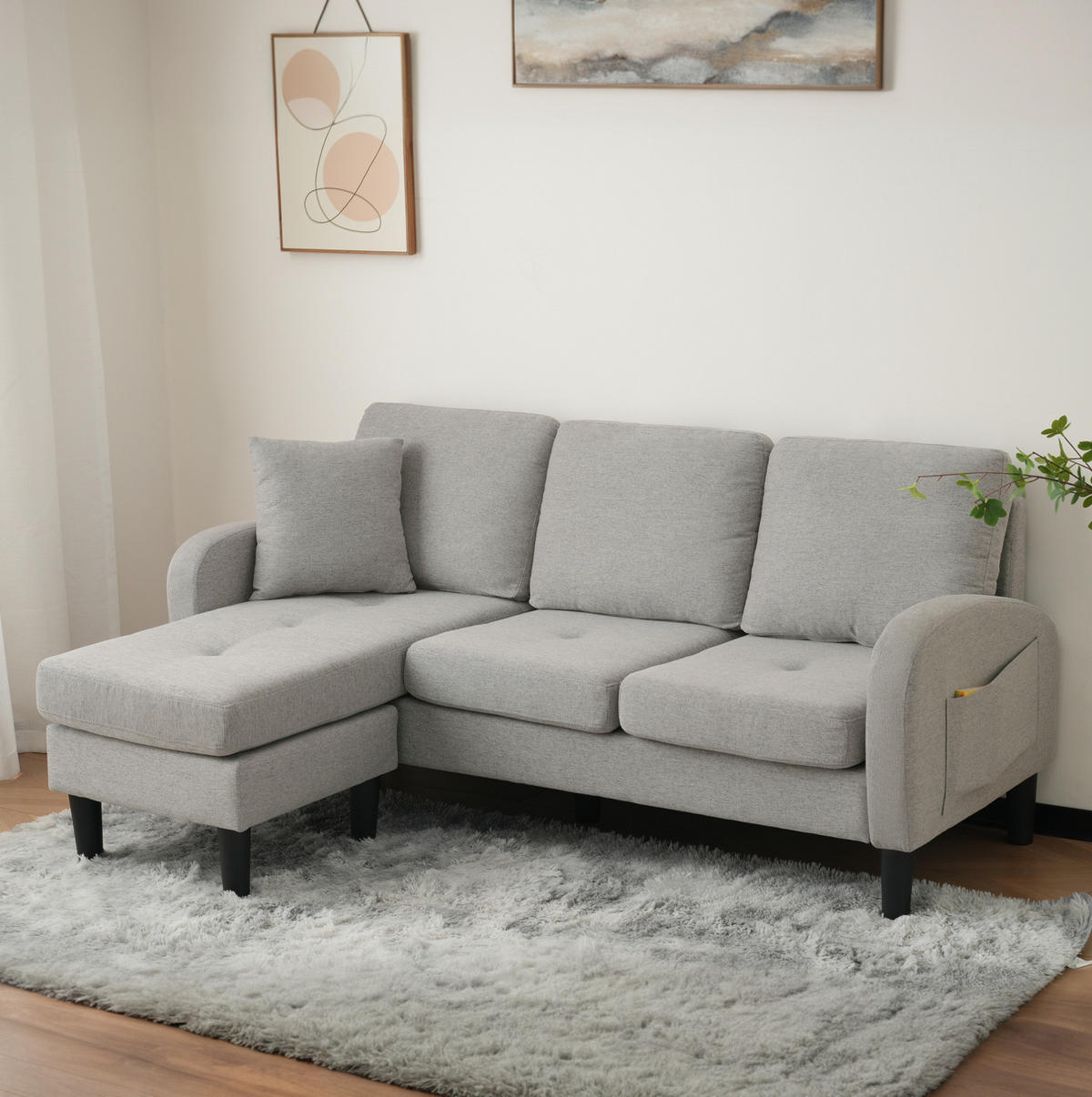 ECKSOFA mit Baumwoll-Leinen-Bezug Grau 166x118x77 cm, Chaiselongue links oder rechts stellbar - Hellgrau, Kunststoff (118/166cm) - IVMEU