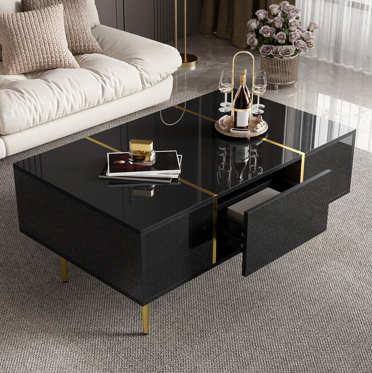 COUCHTISCH mit 2 Schubladen 100 x 60 cm MDF Schwarz Hochglanz - Schwarz, Metall (100/60/41.5cm) - Meubliv