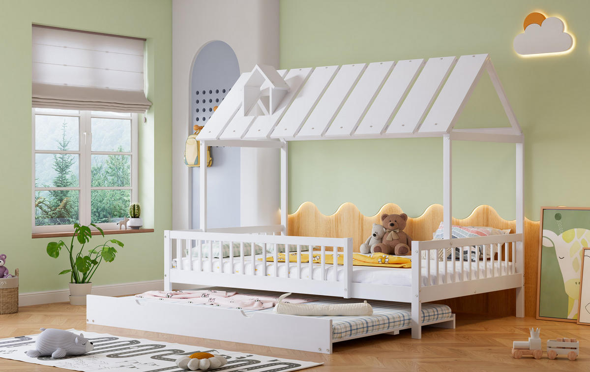 HAUSBETT 120/200/190 cm Weiß aus Kiefer und MDF mit Rollbett - Weiß, Holzwerkstoff (120/200cm) - OKMYHOME