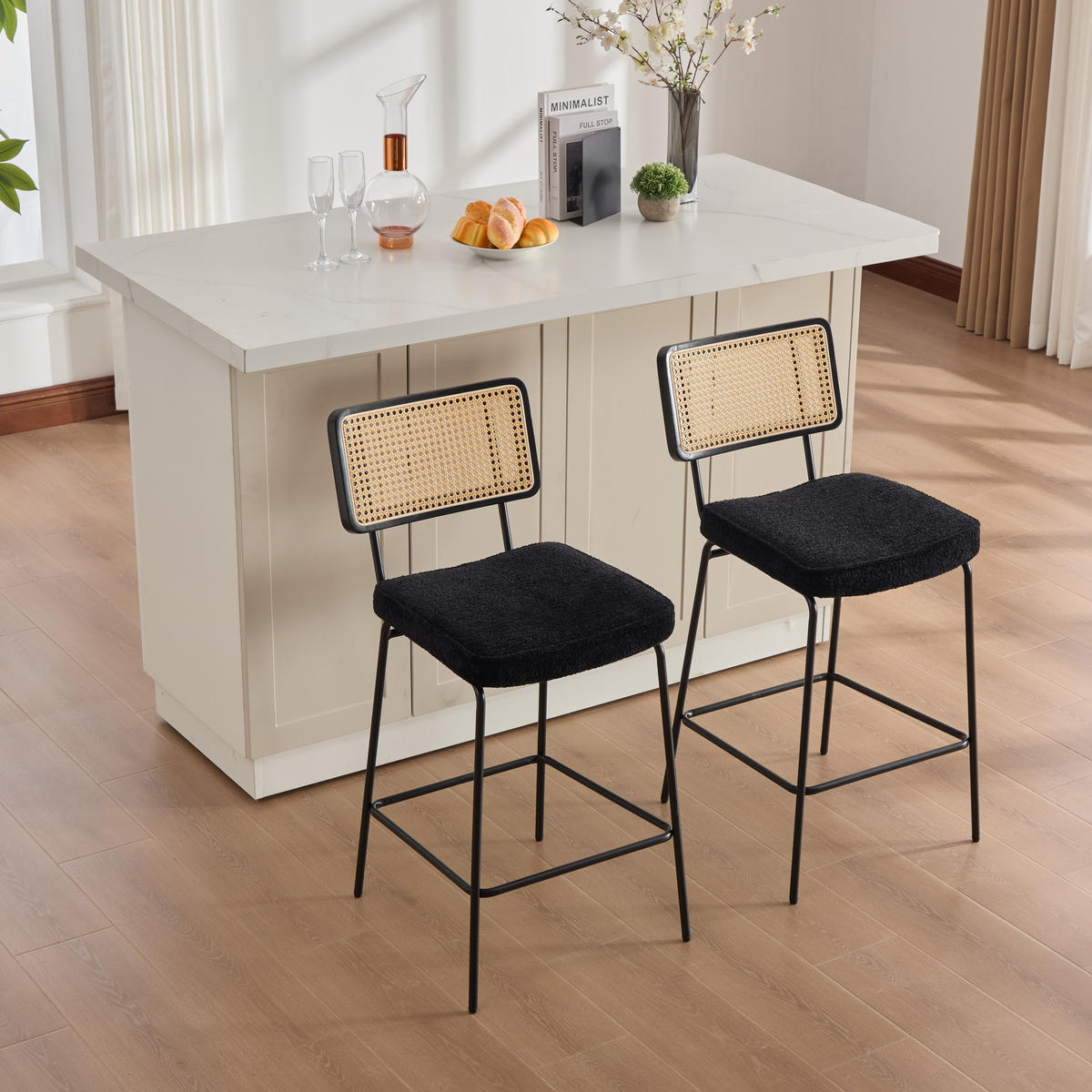 BARHOCKER DE-36881 2er-Set mit Chenille-Bezug und Rattan-Optik Schwarz - Schwarz, Metall (59.8/96.5/46.2cm) - ComfortXL