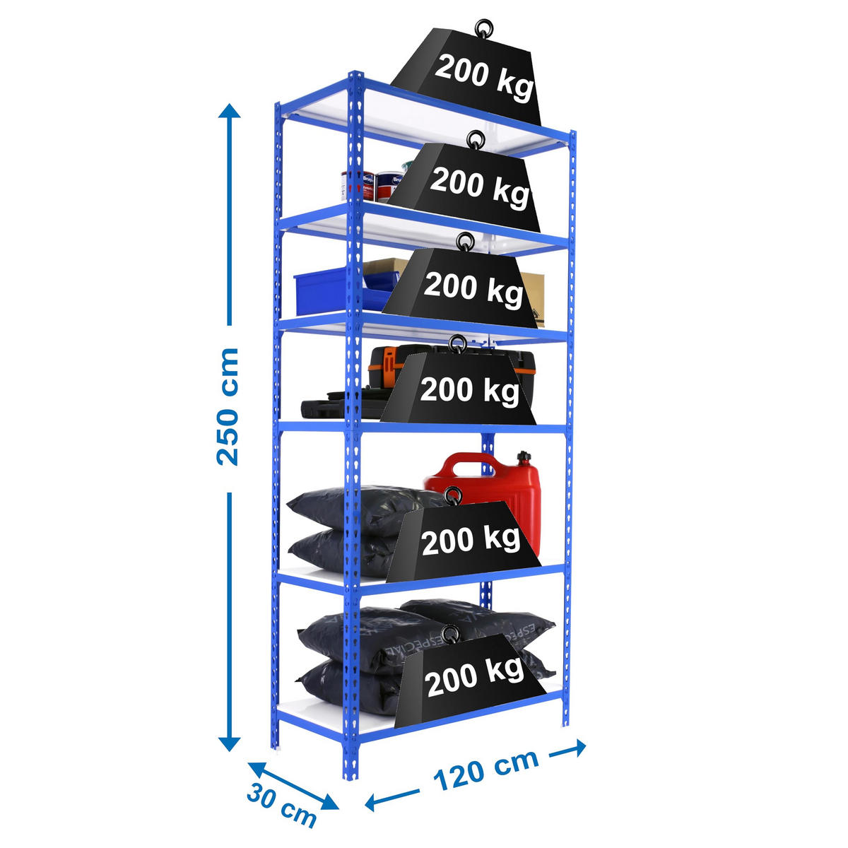 SCHWERLASTREGAL Giant Metal Shark HxBxT 250 x 120 x 30 cm Fachlast 200 kg Blau-Weiß - Blau, Metall (120/250/30cm) - PROREGAL