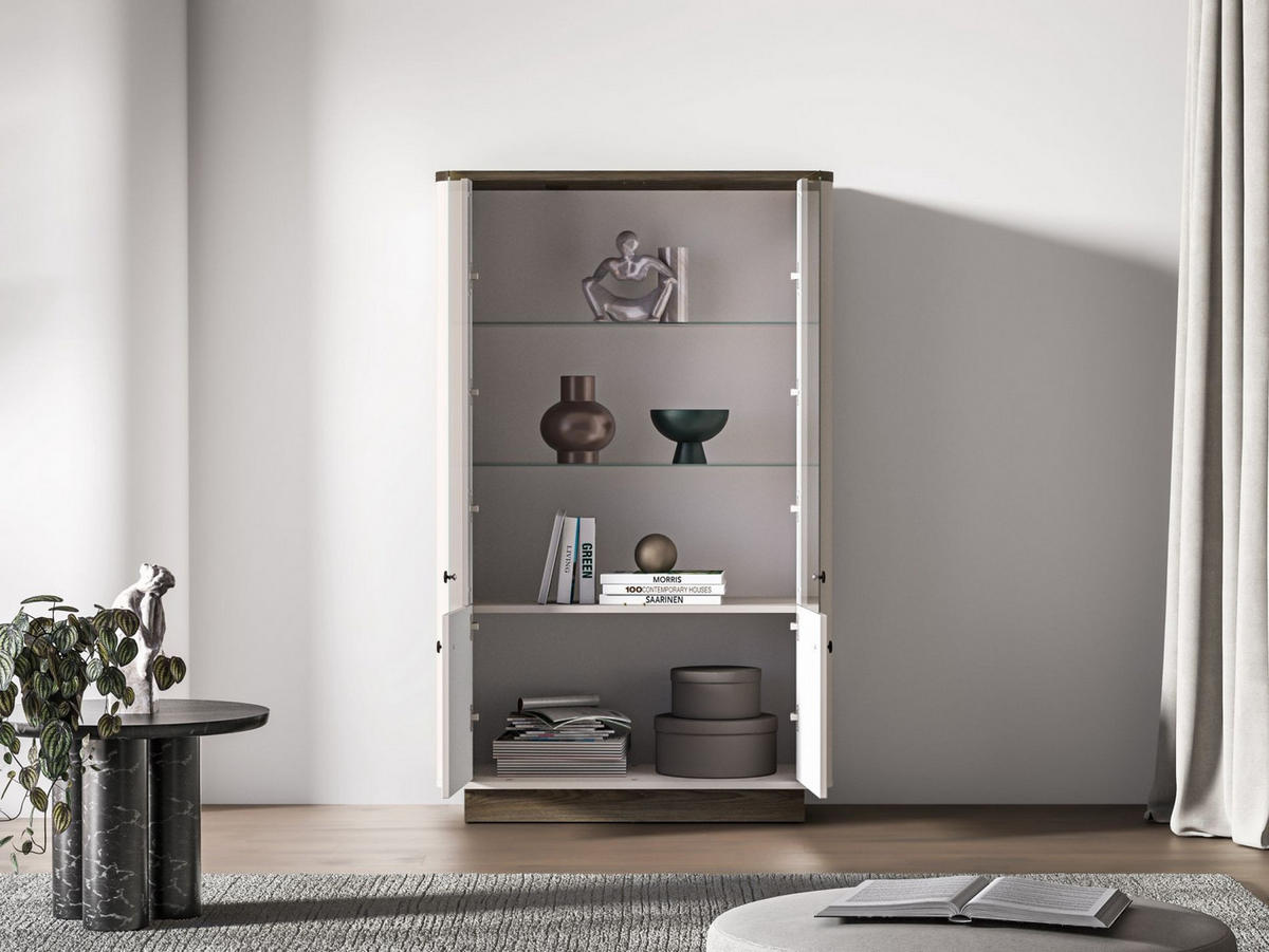 VITRINE Vilavio 4-türig Kaschmirgrau/Eichenoptik 92 cm - Taupe/Dunkelbraun, Holzwerkstoff (91.6/141.5/40cm) - Selsey