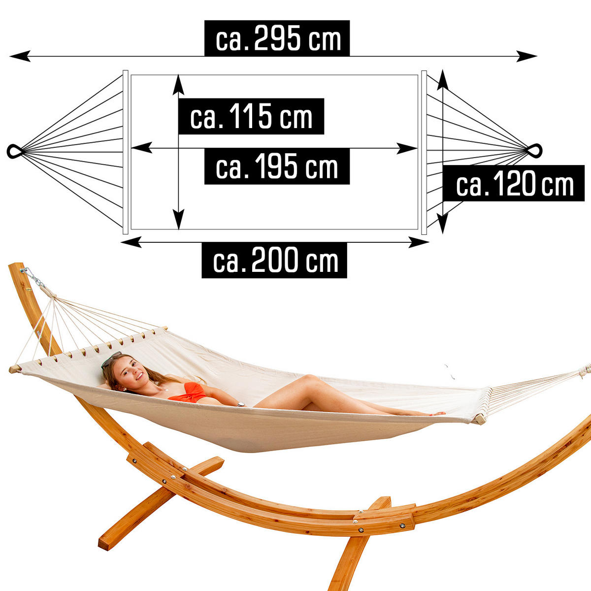 XXL-HÄNGEMATTE mit Holzgestell bis 150kg, 325/120cm, Beige - Beige, Holz (120/2.5/325cm) - Amanka