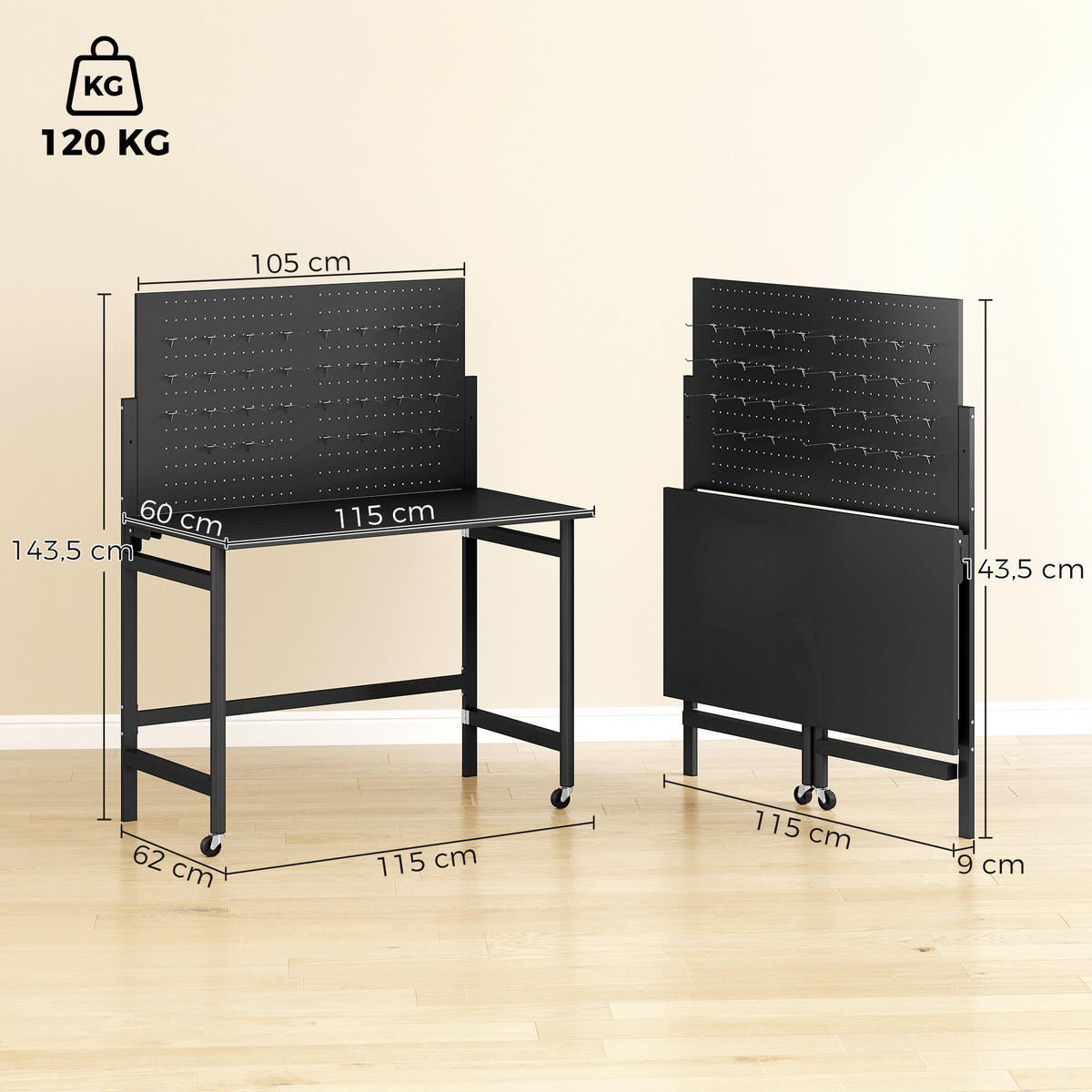 WERKBANK MDF Schwarz - Schwarz, Metall (62/143.5/115cm) - HOMCOM