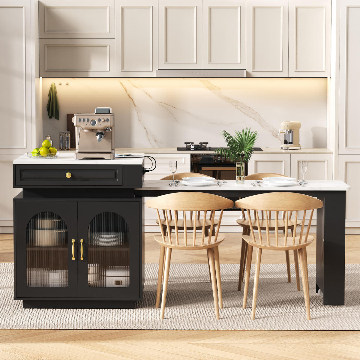 BARTISCH 128–200×71×92 cm aus MDF+Glas mit Riffelglas, LED & USB-Ladestation, schwarz - Schwarz, Holzwerkstoff (200/71/92cm) - Luhomfu