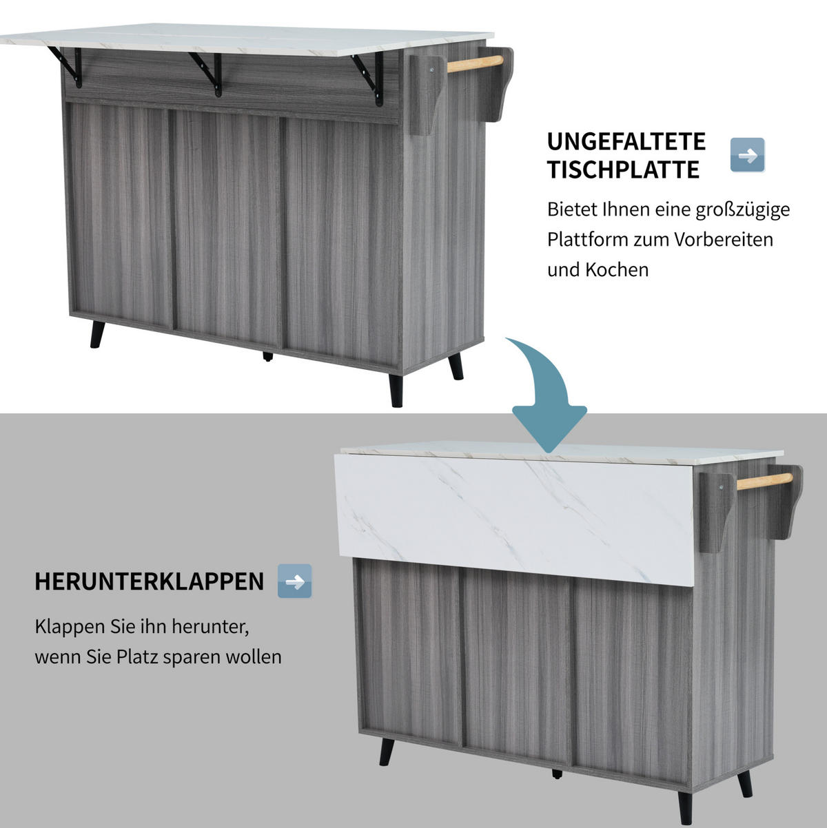 KÜCHENINSEL 129/46/91,5 cm grau/weiß aus MDF ausziehbar - Grau, Holzwerkstoff (129/91.5/46cm) - OKWISH