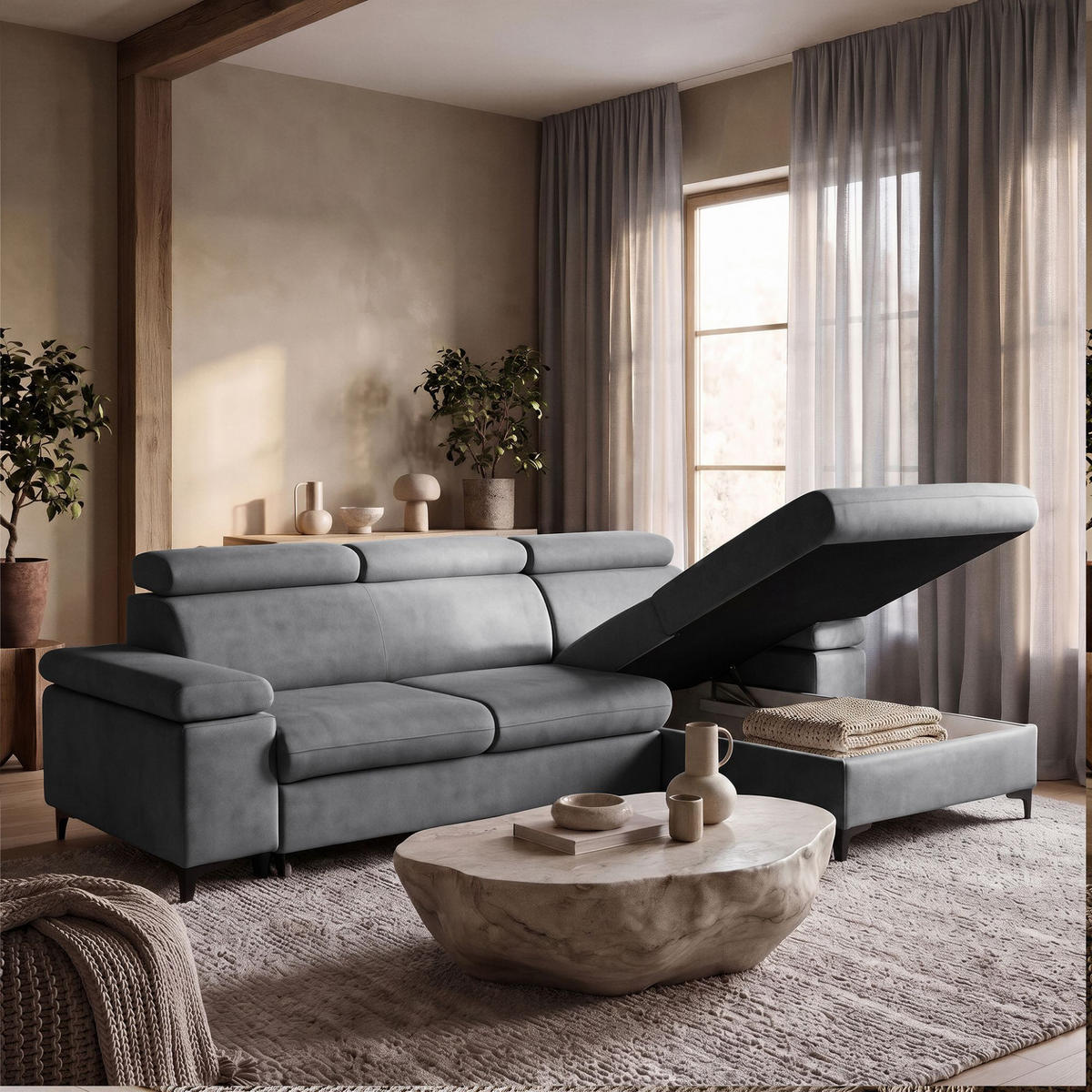 ECKSOFA MAVIC L Rechts mit Schlaffunktion Velours Grau - Schwarz/Grau, Glas/Holz (257/176cm) - Muffo