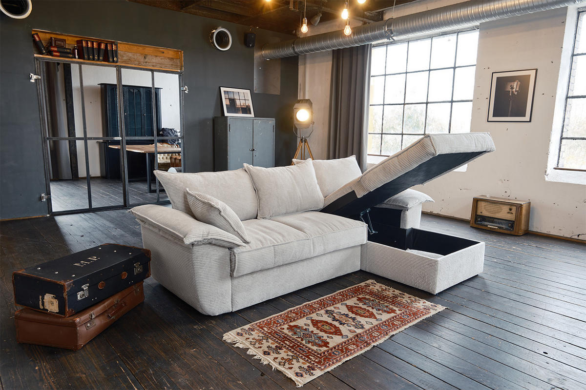ECKSOFA DAMETO Weiß Cord - Schwarz/Weiß, Kunststoff/Textil (266/174cm) - KAWOLA