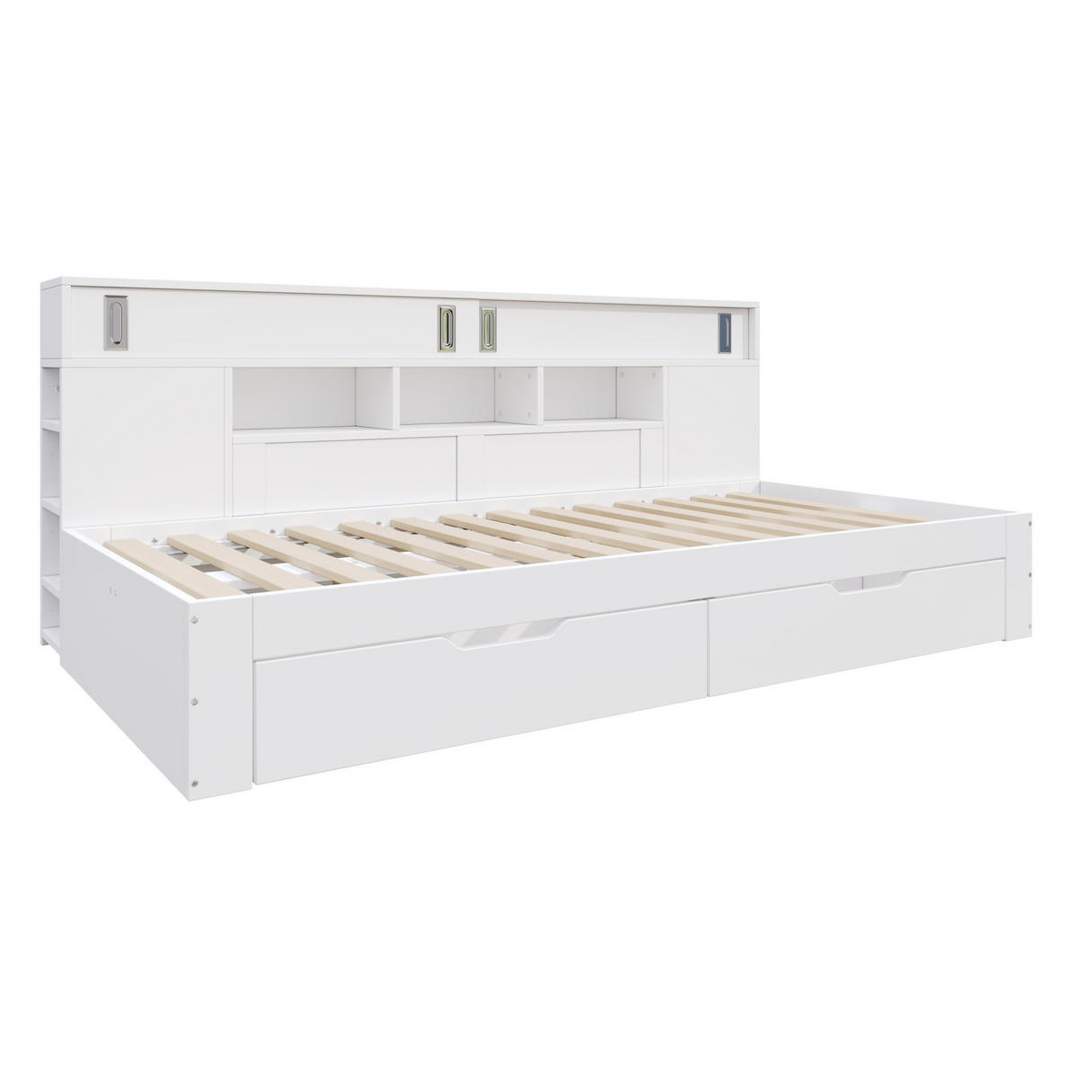 KINDERBETT 90/200 cm mit 2 Schubladen, Schiebetürschrank und verstellbaren Regalen, MDF, Weiß - Weiß, Holzwerkstoff (90/200cm) - Redom