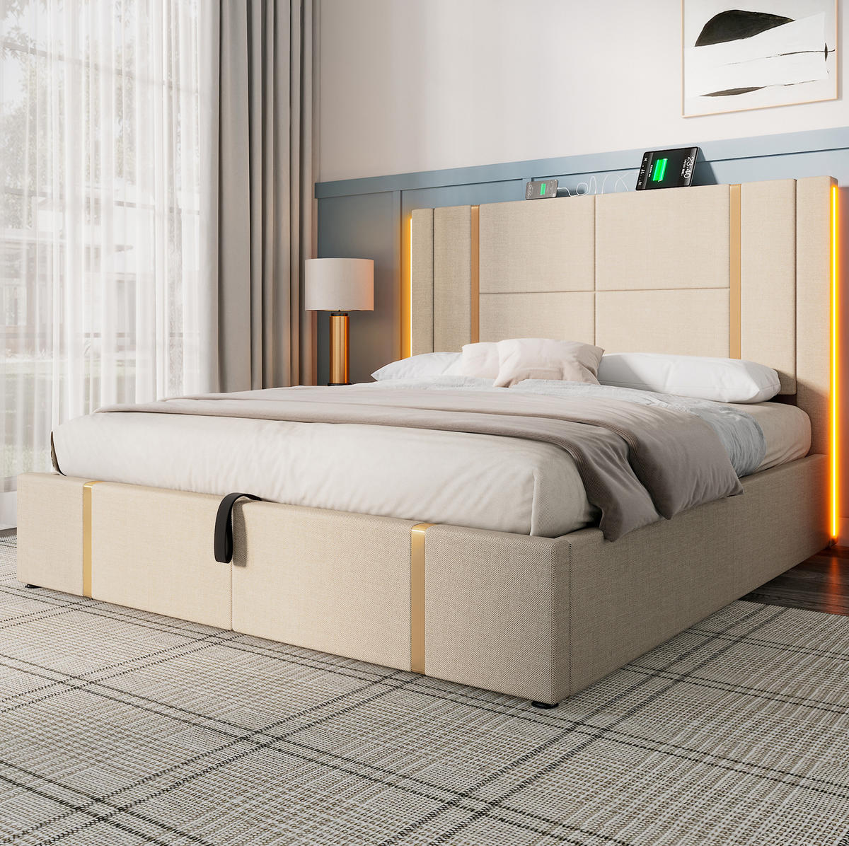 POLSTERBETT aus Leinen 160x200 cm in Beige mit LED-Beleuchtung & USB-C - Beige, Textil (160/200cm) - Modfu