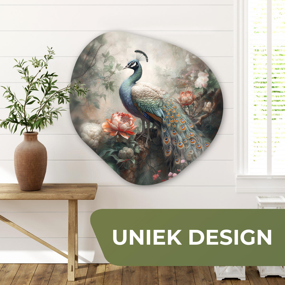 WANDBILD Pfau - Pfauenfedern - Vogel - Dschungel - Blumen Room Decor 90x90 cm - Smaragdgrün, Kunststoff (90/90cm) - MuchoWow
