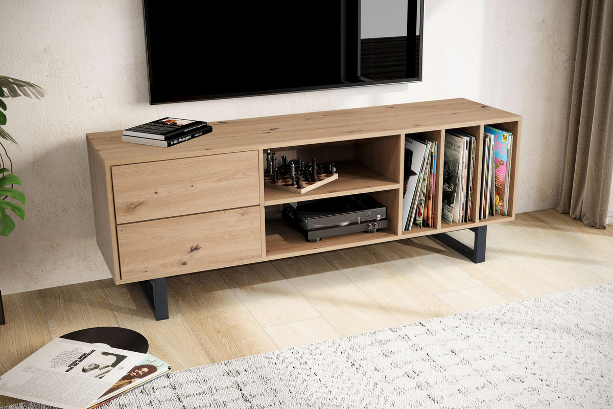 TV-LOWBOARD mit Eiche-Dekor, Schubladen und offenes Regal, modern, Braun 150x40x55 cm - Schwarz/Braun, Holzwerkstoff/Metall (150/55/40cm) - KADIMA DESIGN