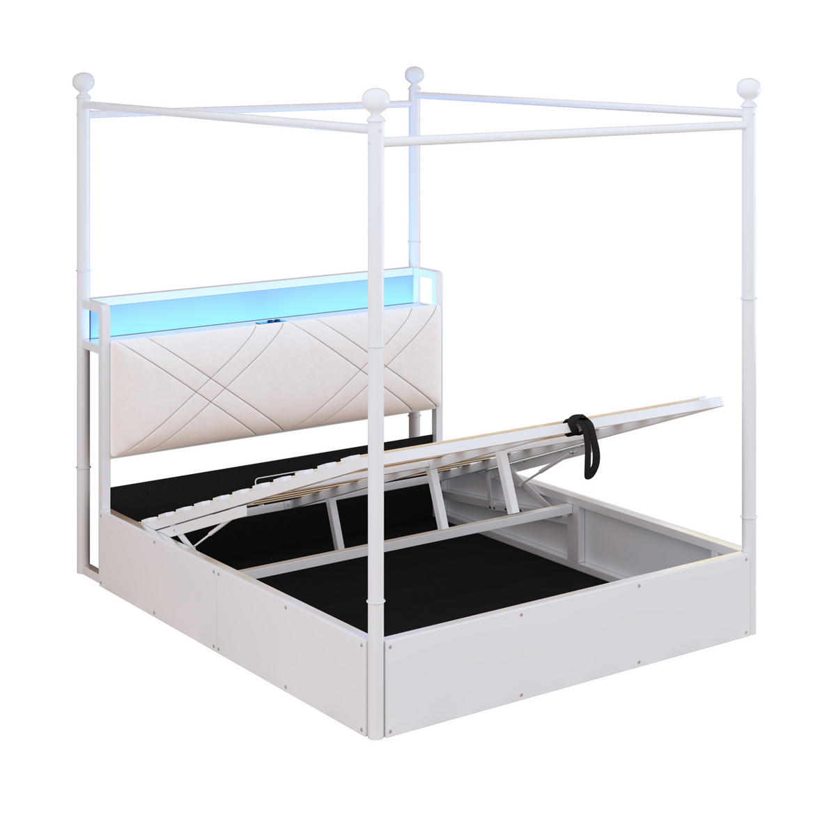 MULTIFUNKČNÍ postel 140/190 cm s odnímatelným nebesovým rámem, LED osvětlením, USB/Type-C a úložným prostorem, Bílá - bílá, kov (140/190cm) - Redom