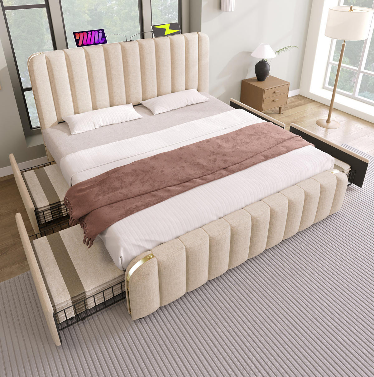 POLSTERBETT 180/200 cm Beige mit USB Typ-C Ladefunktion und 4 Schubladen - Beige, Textil (180/200cm) - OKWISH