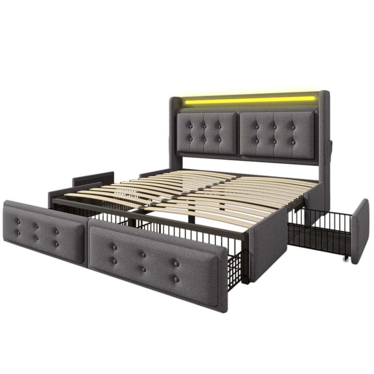 POLSTERBETT 160/200 cm Grau mit LED-Beleuchtung und USB-C-Ladeanschlüssen - Grau, Textil (160/200cm) - OKWISH