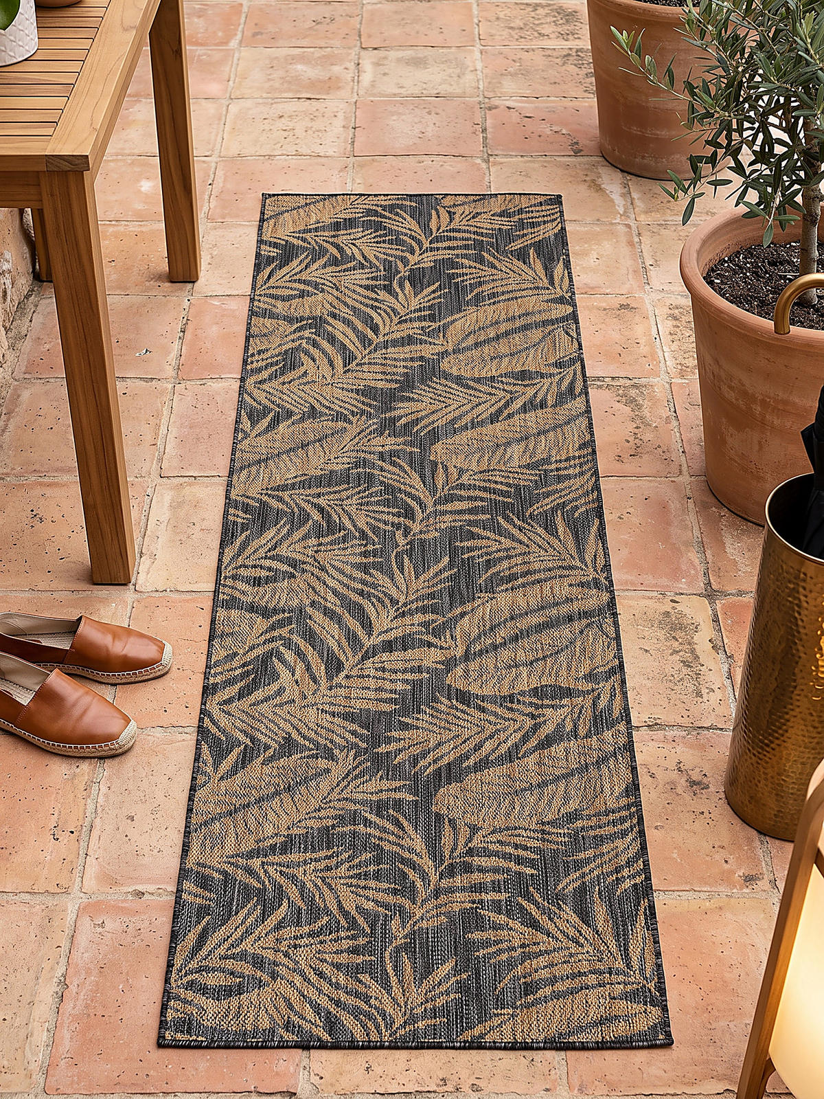 LÄUFER Outdoor, Fußbodenheizung-geeignet, mit Blattmotiv, VIGOLENO in Schwarz-Beige, 80 x 150 cm - Schwarz, Textil (80/150cm) - KADIMA DESIGN