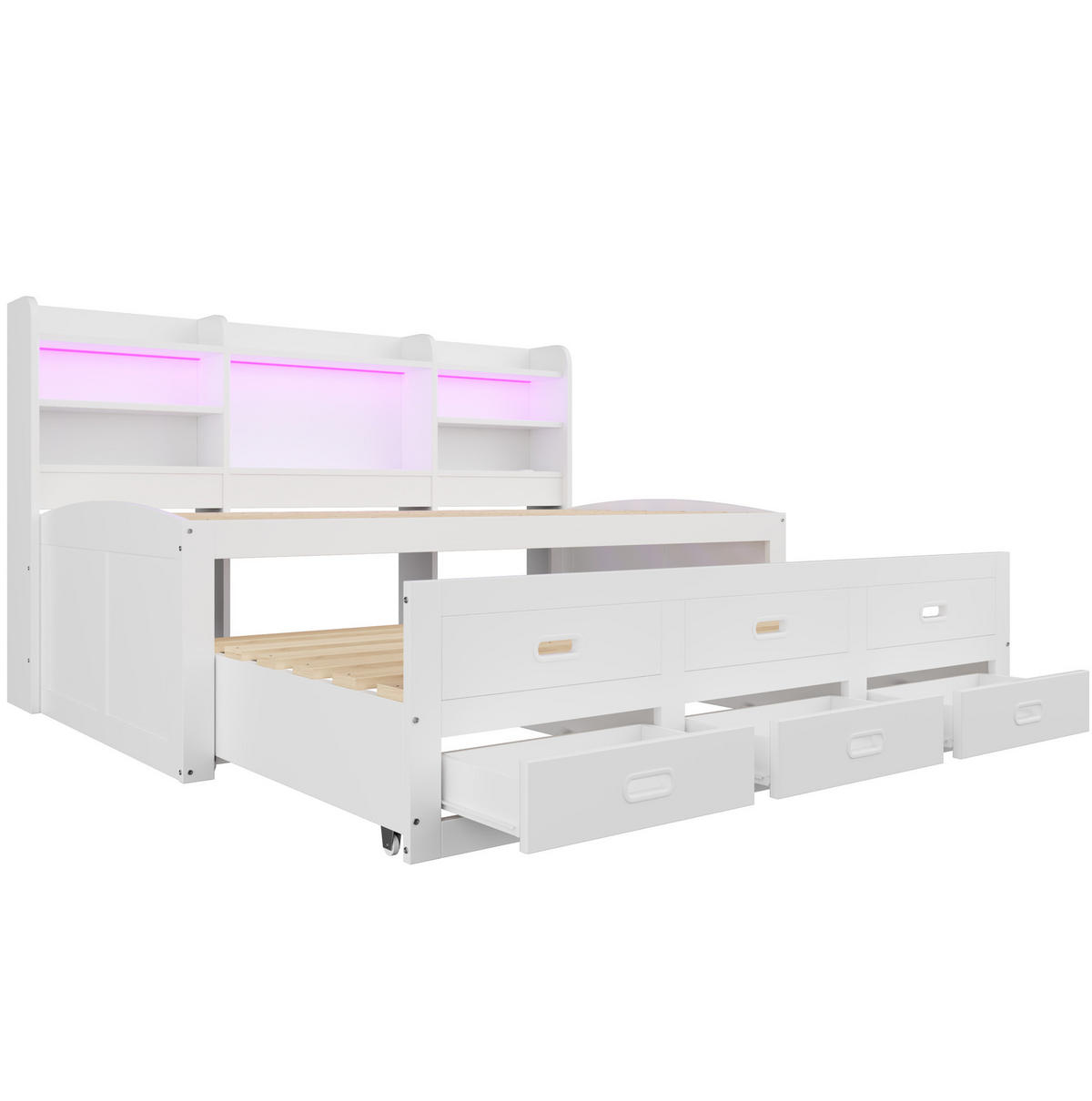 TAGESBETT 90/200 cm mit Ausziehbett, LED-Beleuchtung, USB-/Type-C-Anschluss und 3 Schubladen, Spanplatte/MDF, Weiß - Weiß, Holzwerkstoff (90/200cm) - Redom