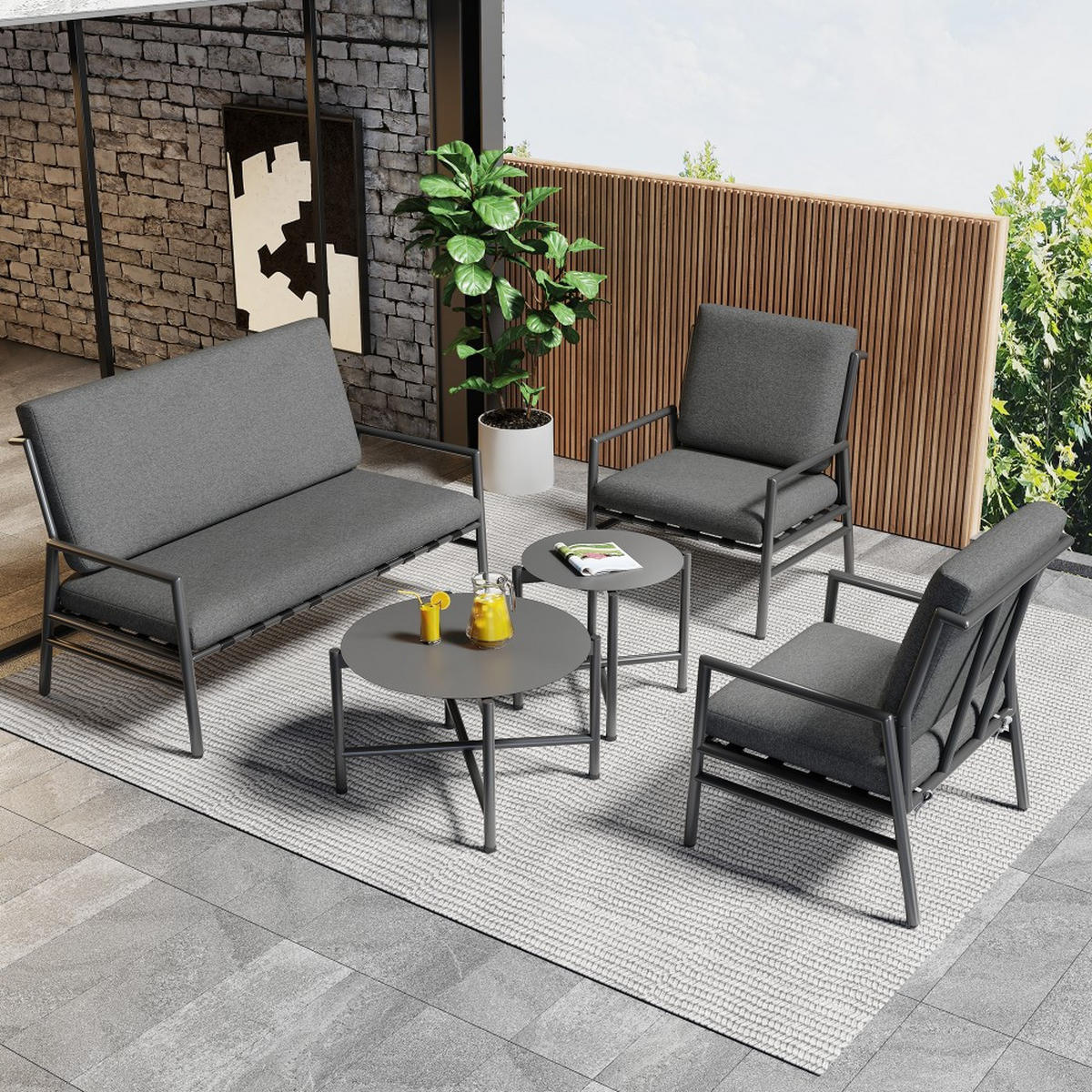 LOUNGEGARNITUR mit zwei runde Couchtische，grau - Grau, Metall - KOMHTOM