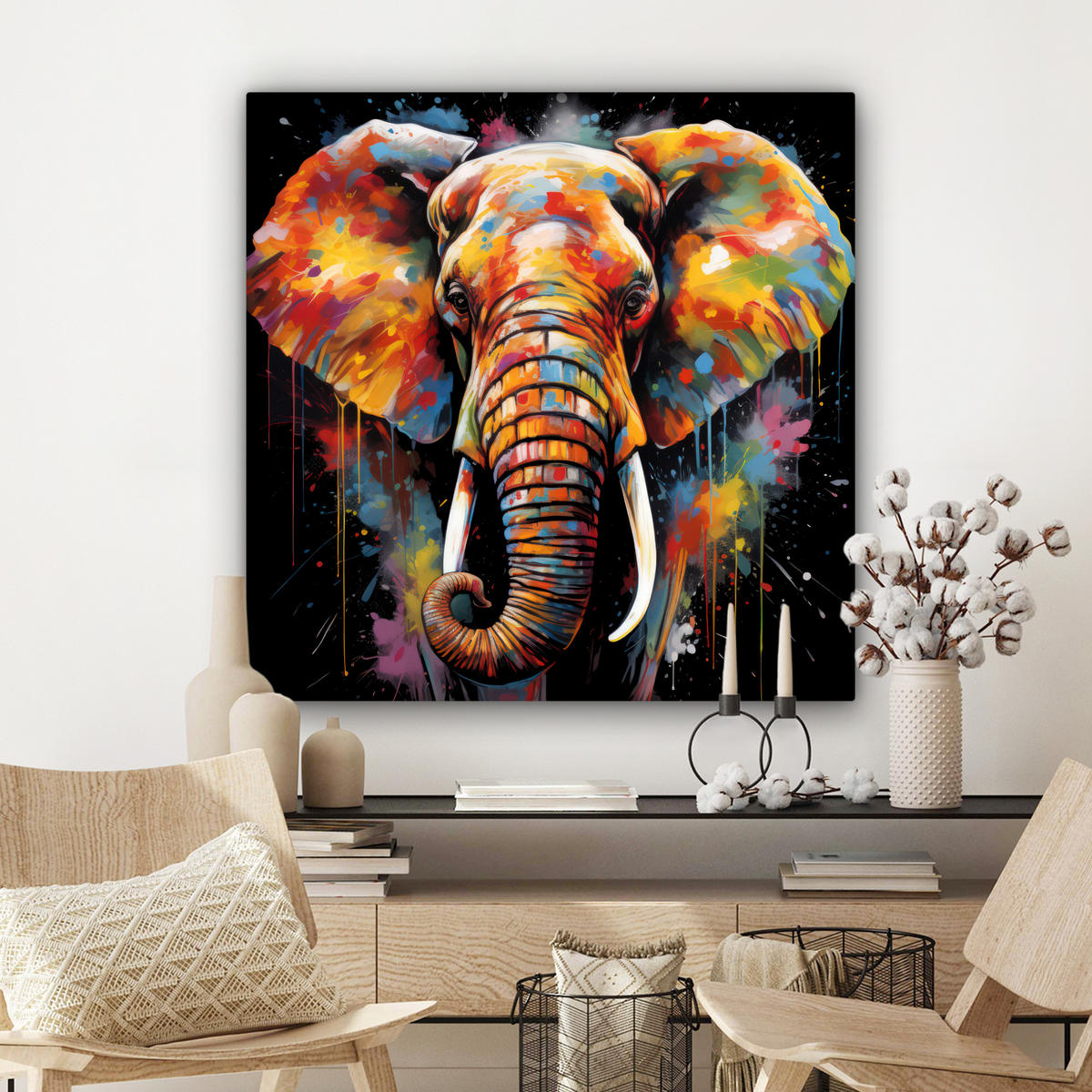 LEINWANDBILD Elefant - Graffiti - Schwarz - Tiere - Farben 90x90 cm - Schwarz, Textil (90/90cm) - MuchoWow