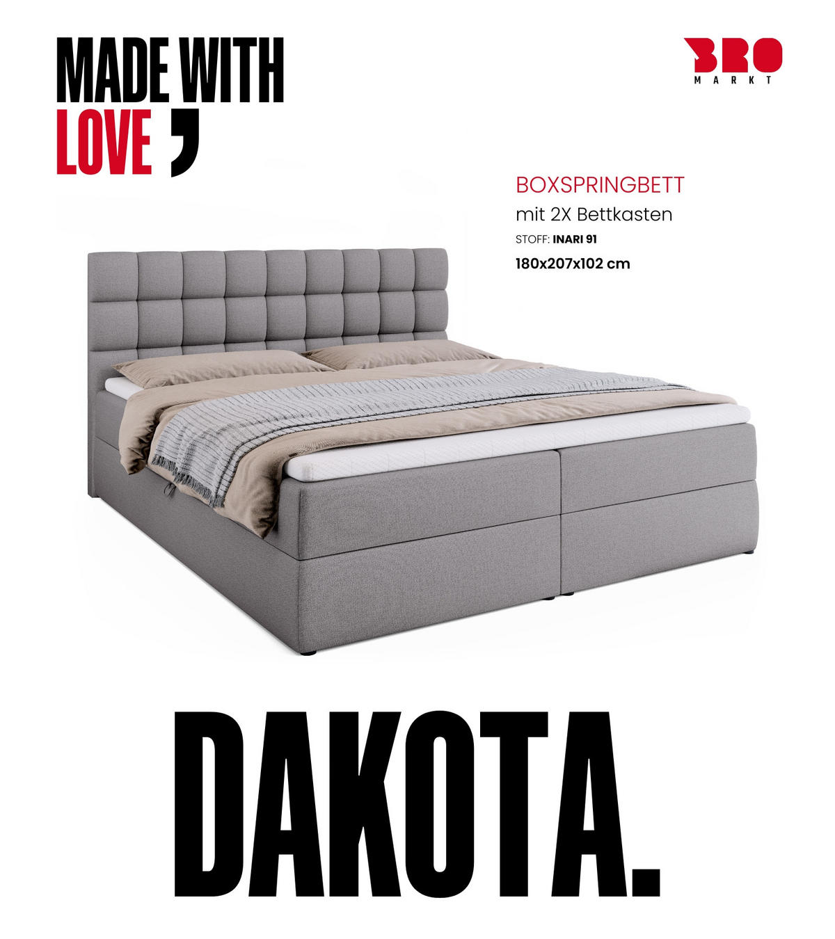 BOXBETT Dakota mit Topper 180/200 Grau - Grau, Textil (180/200cm) - Bromarkt