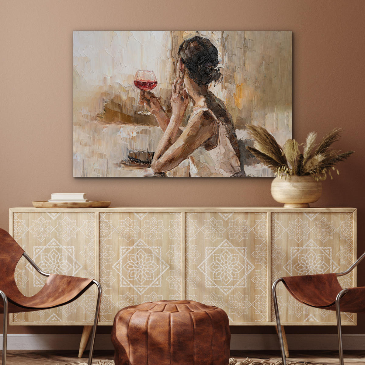 METALLBILD Ölgemälde - Frau - Wein 90x60 cm - Hellbraun, Metall (90/60cm) - MuchoWow