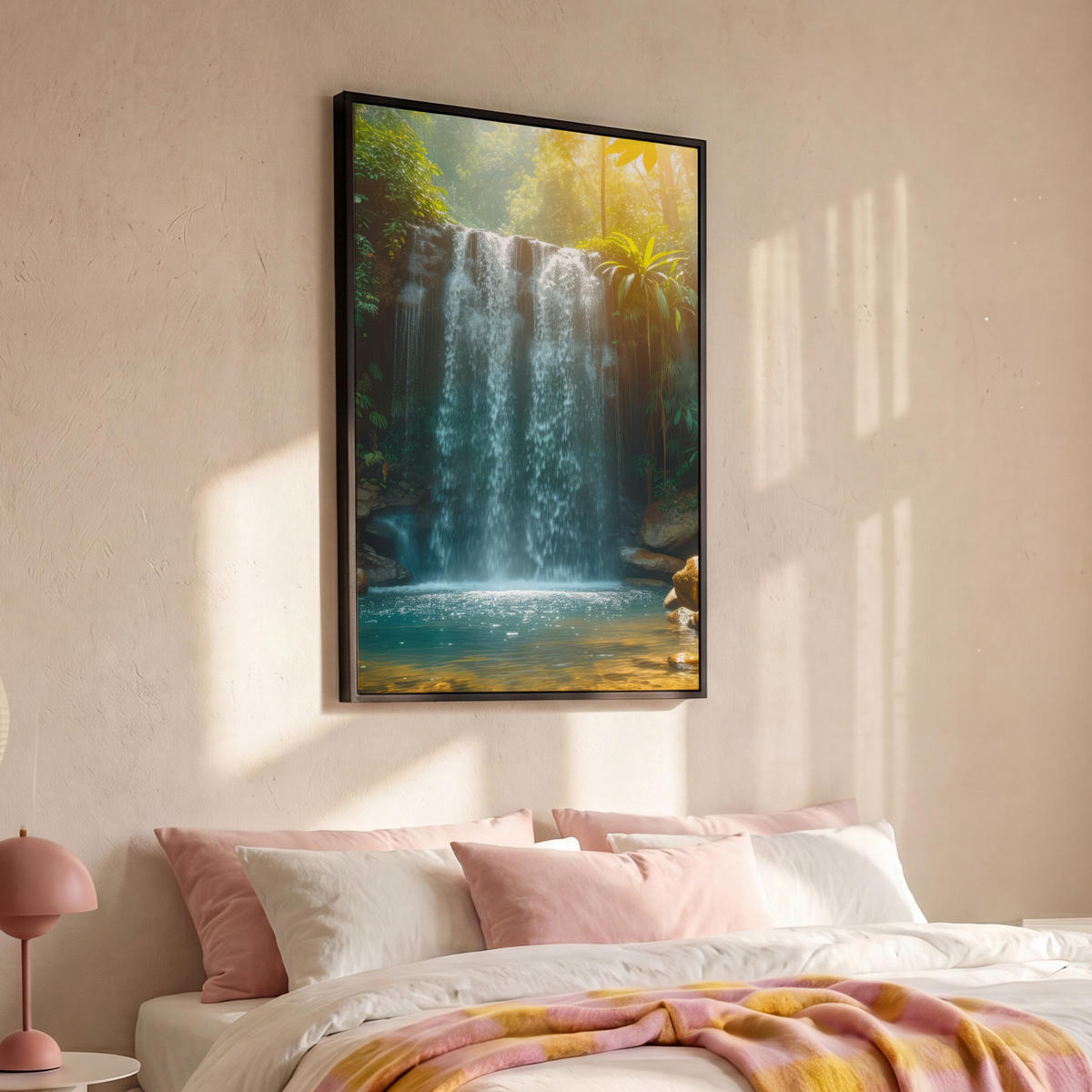 LEINWAND Bilder mit Rahmen - Wasserfall - Dschungel - Sonne - Grün - Natur - 80x120 - Grün, Textil (80/120cm) - MuchoWow