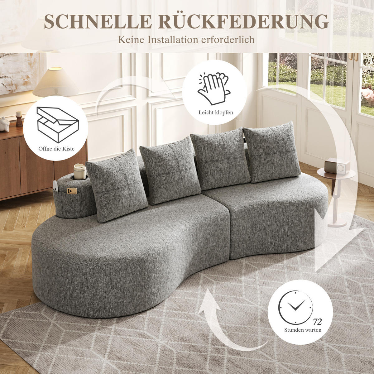 SOFA 240 cm mit 4 Kissen, Becherhalter & Seitentaschen,Stoffsofa Grau - Grau, Textil (240/63/109cm)